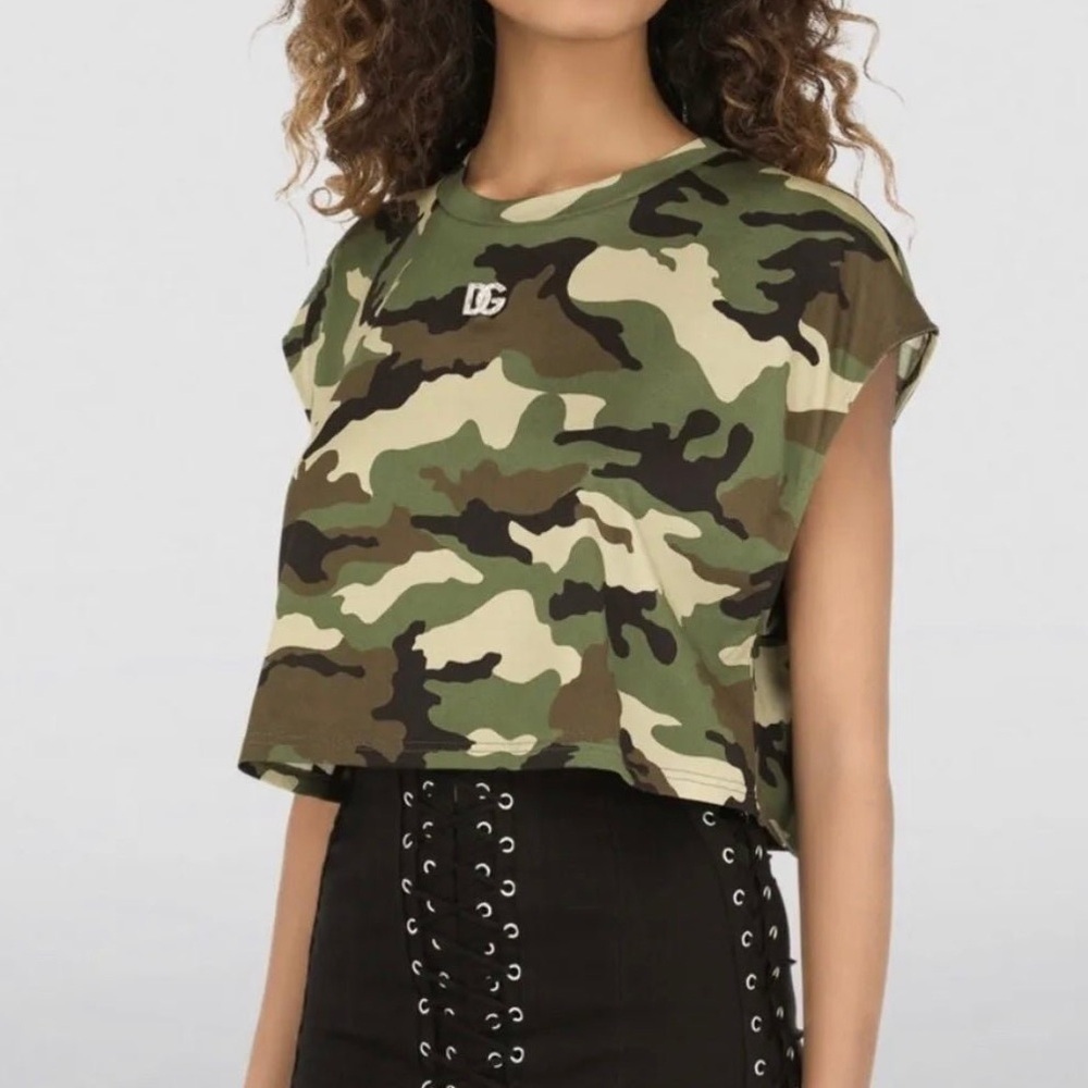 Dolce & Gabbana Crystal Logo Camo Cropped T-Shirt IT 38 US 2 NWT